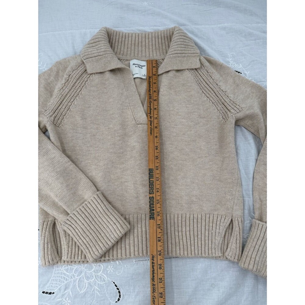 Abercrombie & Fitch Sweater Wm Small Notch Neck Tan Knit Collar Pullover Chunky - Picture 5 of 7